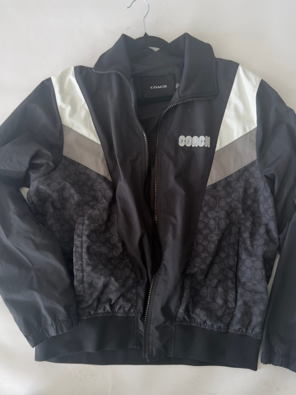Coach Men's Black, Gray & White Logo Panel Bomber Jacket